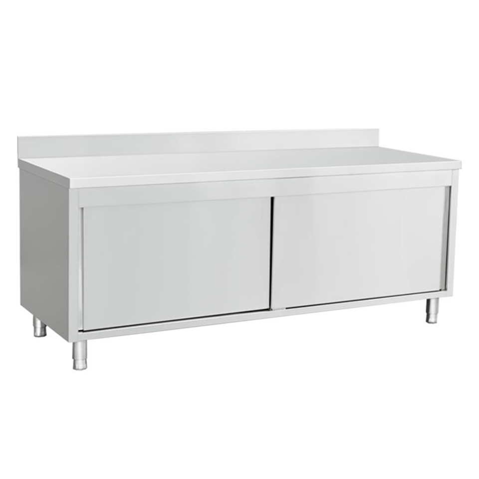 Stainless Steel Worktable YDLZZLM-1270WS with Sliding Cabinet and Backsplash